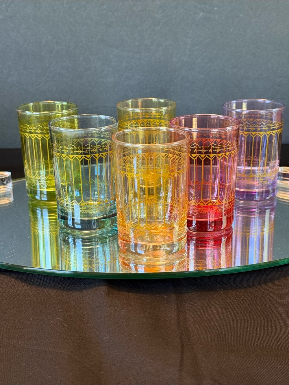 6 RAKLE Colored Tea Glasses vibrant, multi-color tumblers gold pattern overlays.